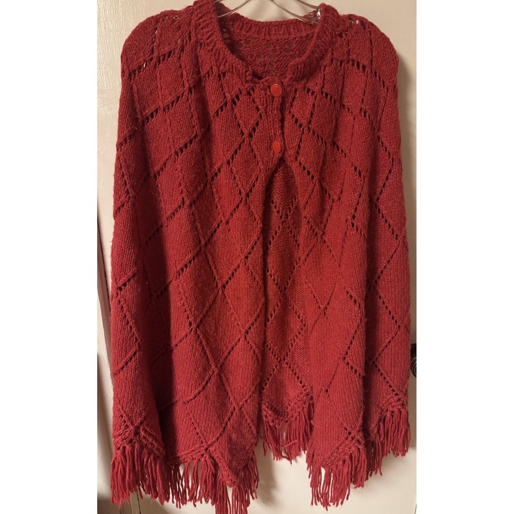 Vintage 1960-1970's Red Hand Knit One Of A Kind Caplete With Fringe